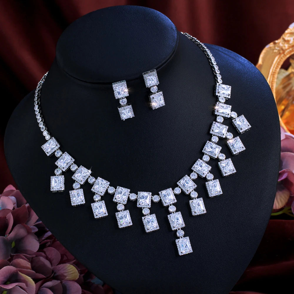 Crystal square drop tassel necklace and matching earrings set