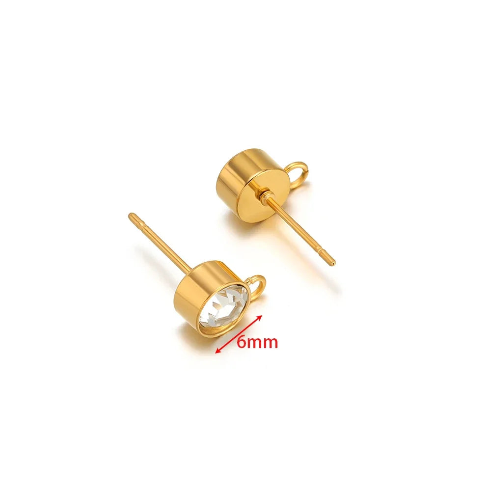 Gold zircon stud earring posts with loop hook, 6mm round stones, pair