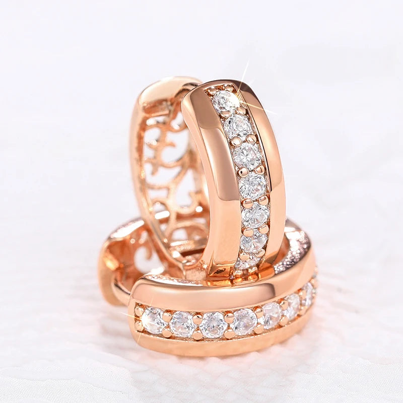 Rose gold CZ hollow hoop earrings, stacked pair view