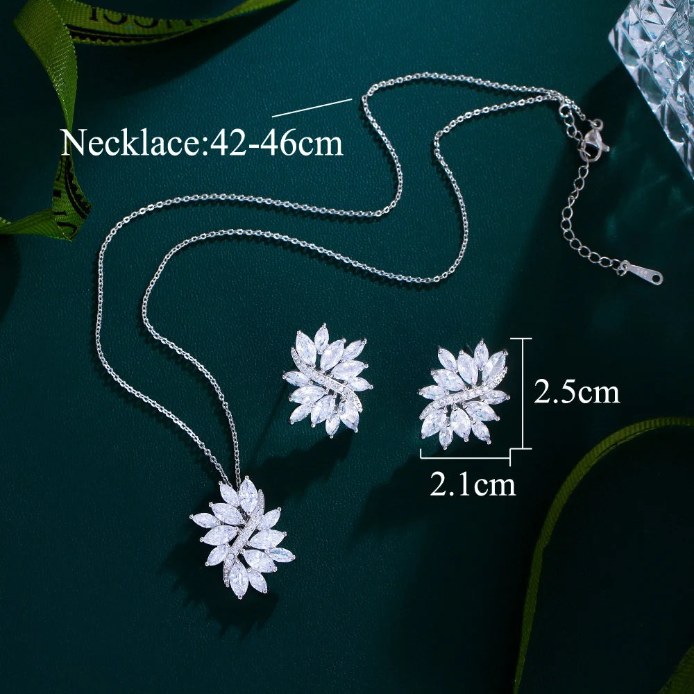 Leaf-shaped zirconia jewelry set with 42–46 cm necklace and 2.1 by 2.5 cm earrings