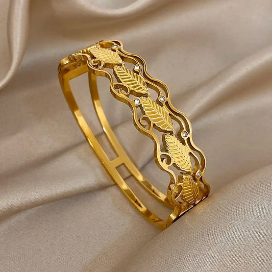 Chunky Geometric Leaves Wave Wide Bracelet for Women Trendy Gold Plated Stainless Steel Cuff Bangle Bracelets Waterproof Jewelry