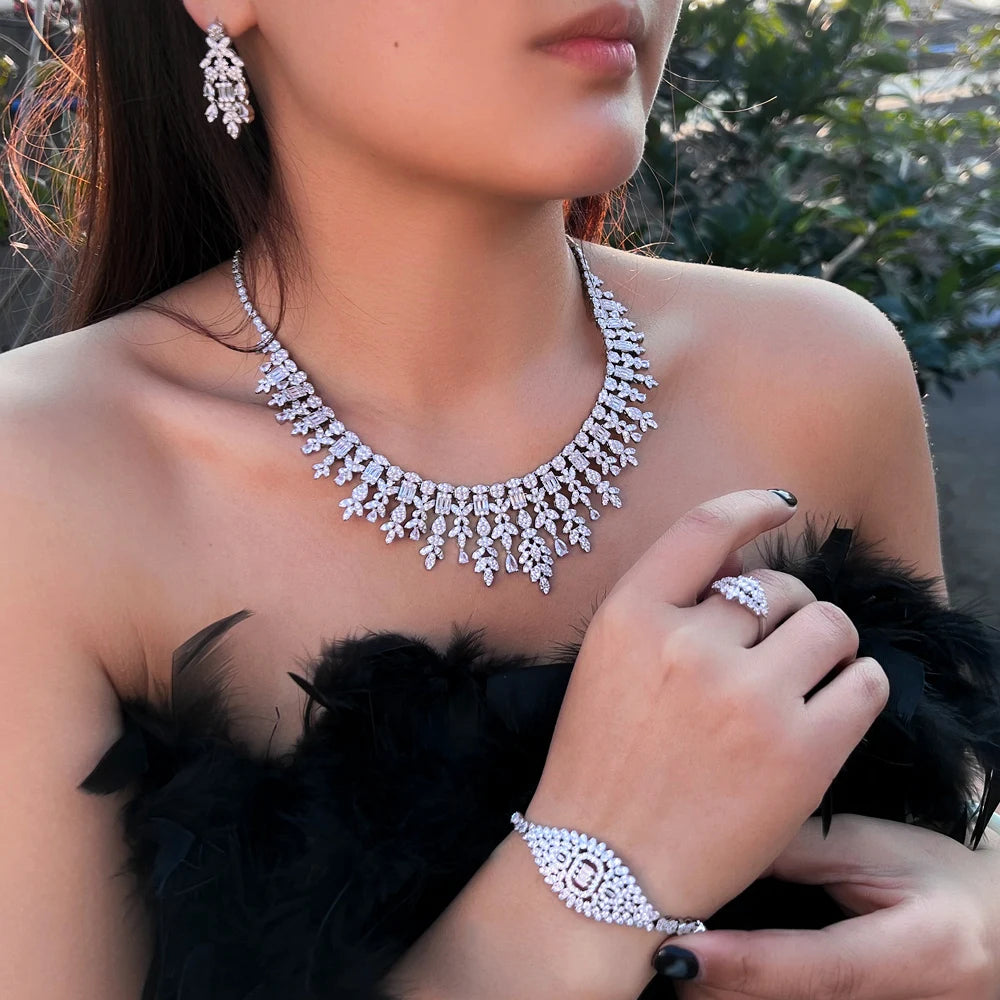 Cubic zirconia necklace with drop earrings, ring, and matching bracelet