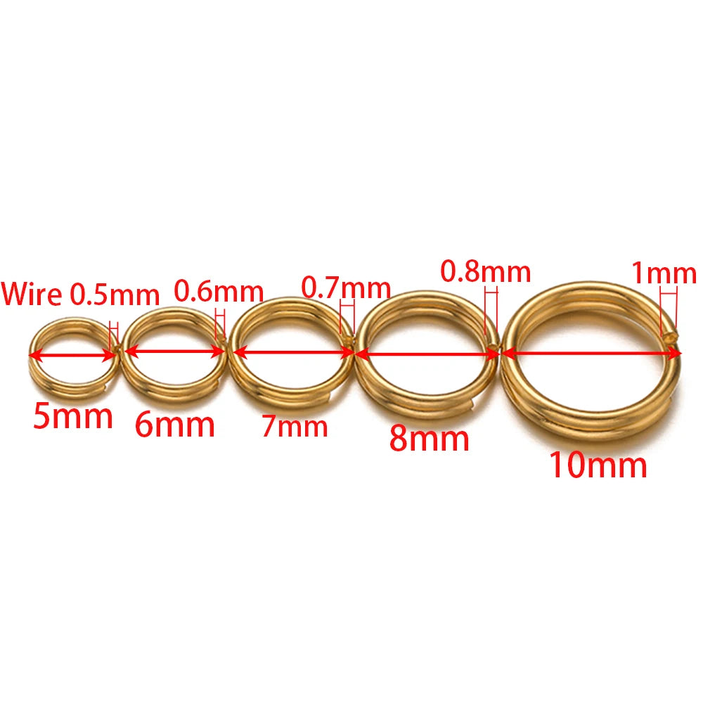Gold open jump rings set with multiple sizes, double-loop split rings