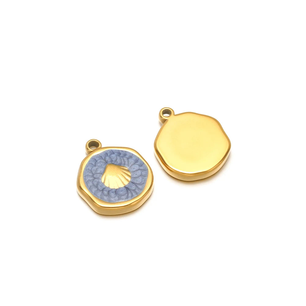 Pair of enamel ocean charms: yellow shell charm and blue seashell charm with gold fish