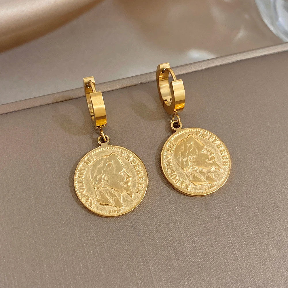 Gold coin medallion drop hoop earrings