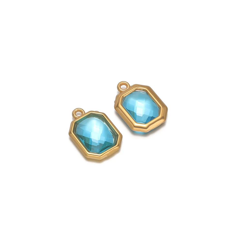 Stainless steel hexagon glass charm connector, light blue glass with gold-tone frame and 2 loops