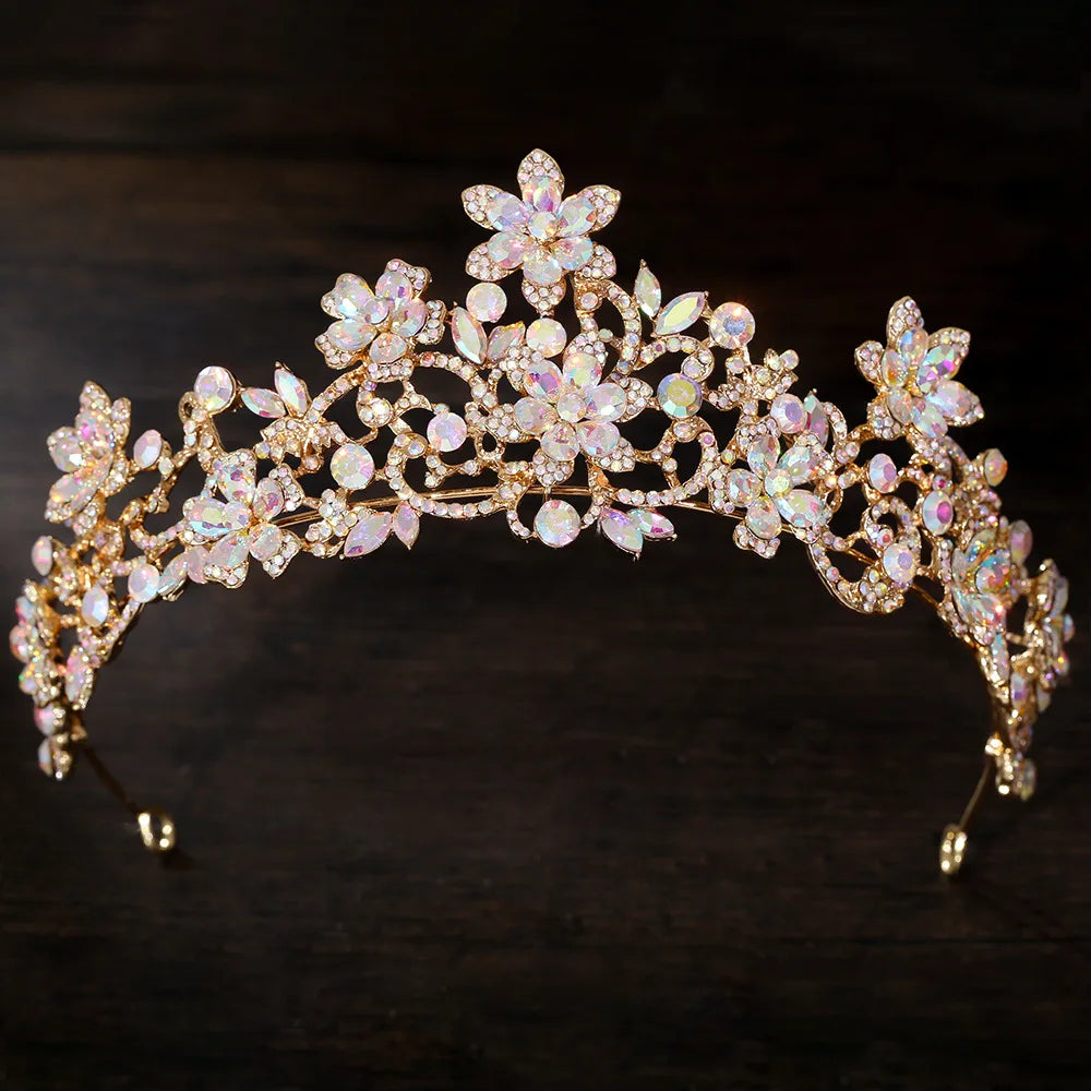 Rhinestone floral tiara with iridescent pink crystals and gold-tone framework