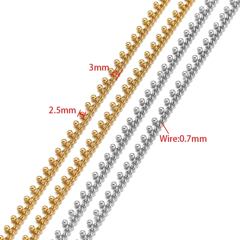 2.5mm ball drop disc curb link chain, gold and silver strands with wire size