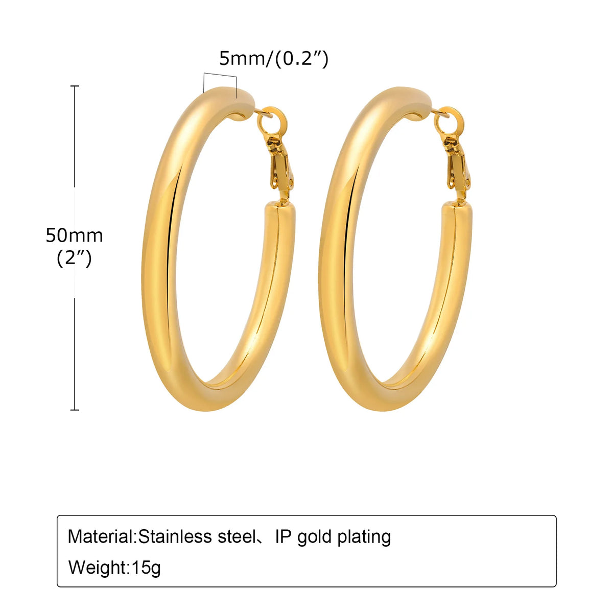 Gold chunky hoop earrings, 50 mm diameter and 5 mm wide
