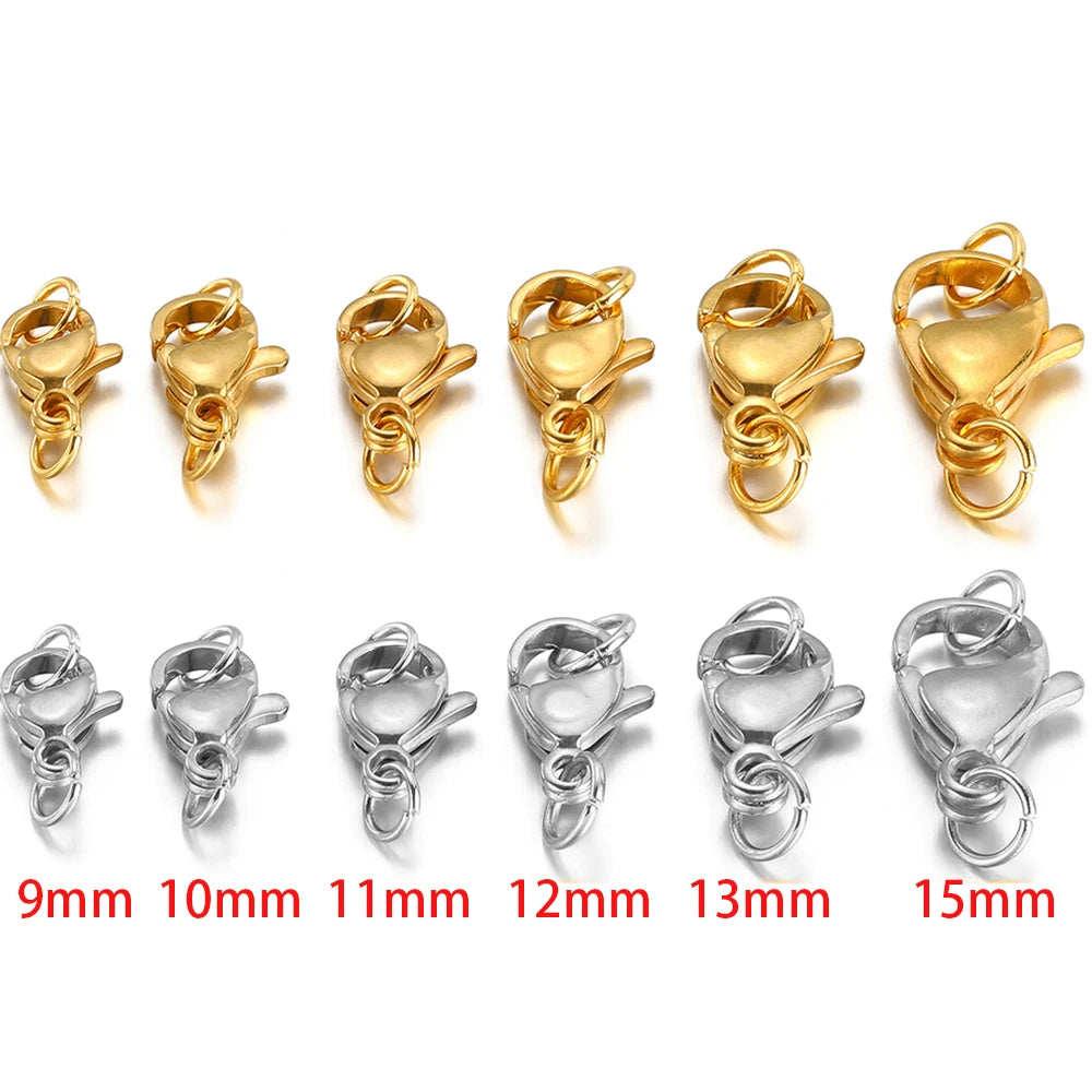 Assorted lobster clasps with jump rings in gold and silver, sizes 9–15mm shown