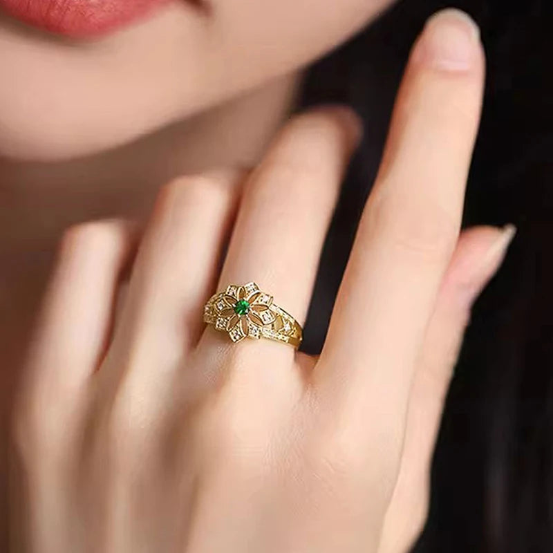 Green Cubic Zirconia Aesthetic Flower Rings For Women Wedding Anniversary Gift