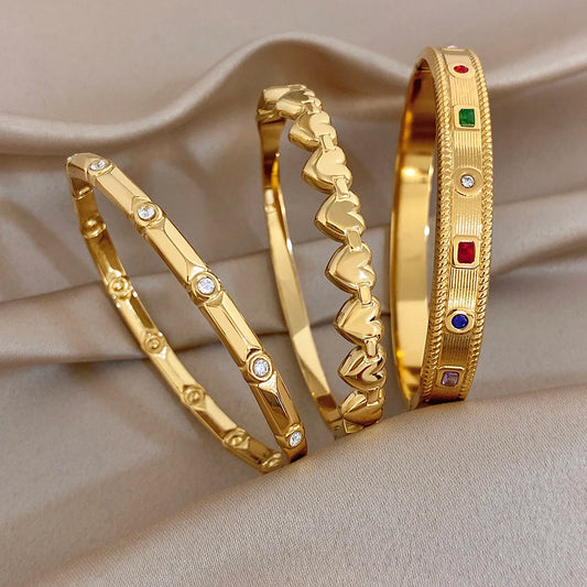 Trendy Gold Plated Stainless Steel Cuff Bangle for Women Unique Geometric Heart Colorful Zircon Bracelets Waterproof Jewelry