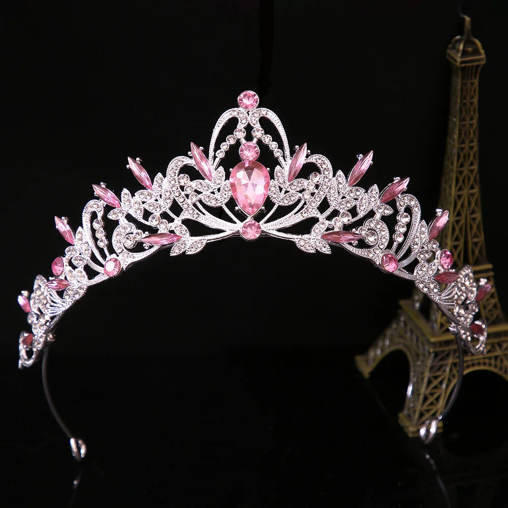 Princess tiara headpiece, silver-tone crown with pink crystal gemstones