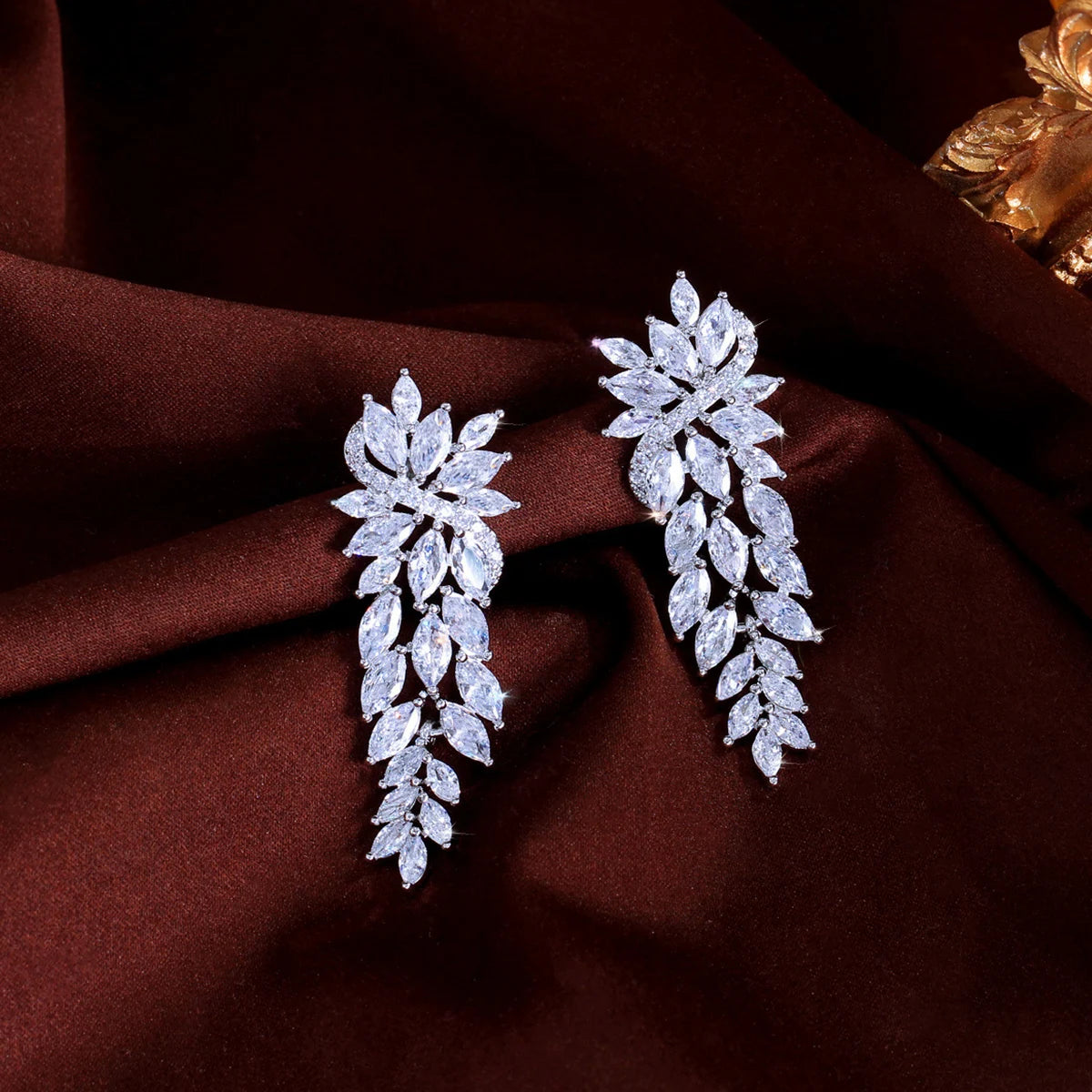 Fashion Full Cubic Zirconia Leaf Long Dangle Earrings CZ Wedding Prom Jewelry For Women