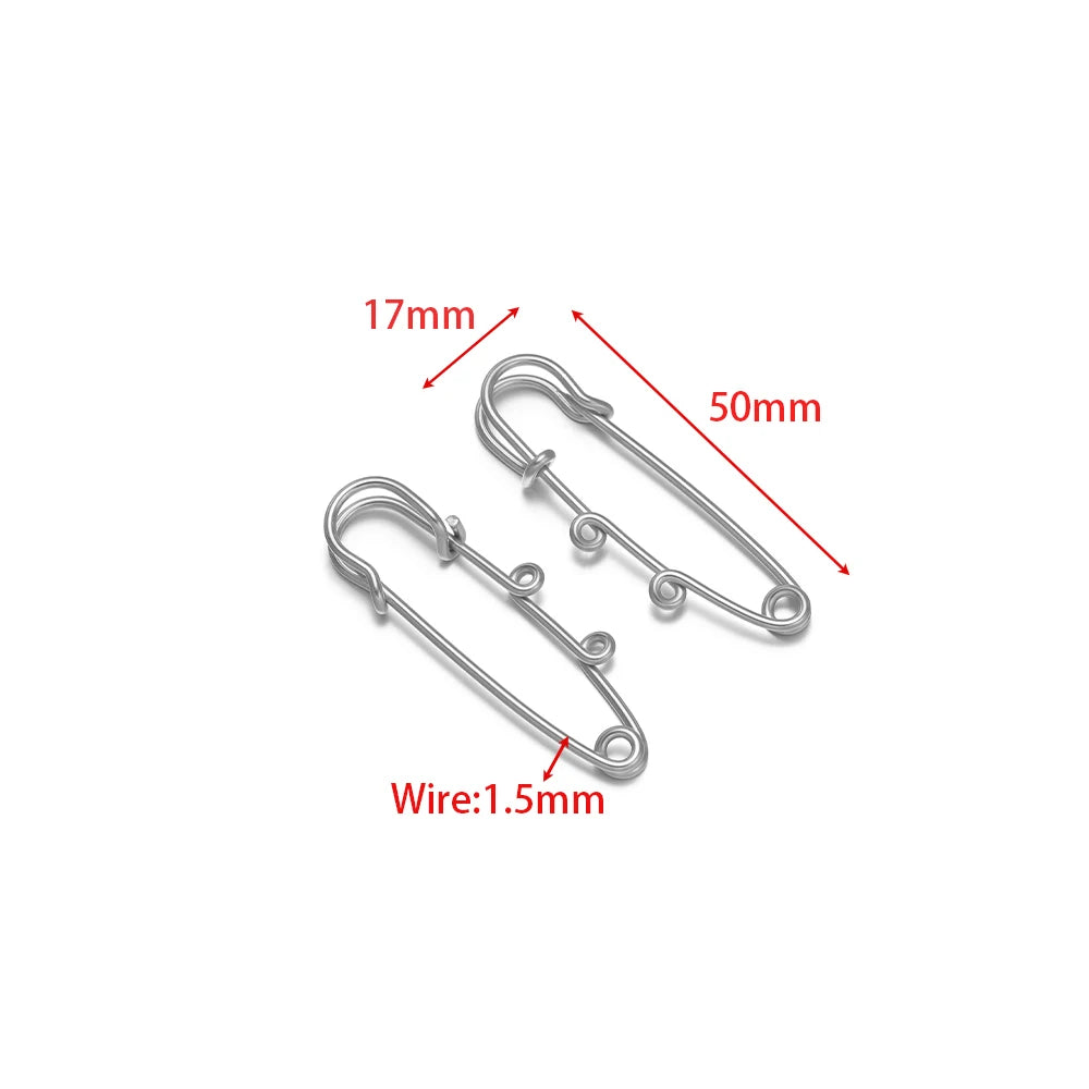Silver-tone multi-hole safety pin brooch fasteners, 50mm, 1.5mm wire