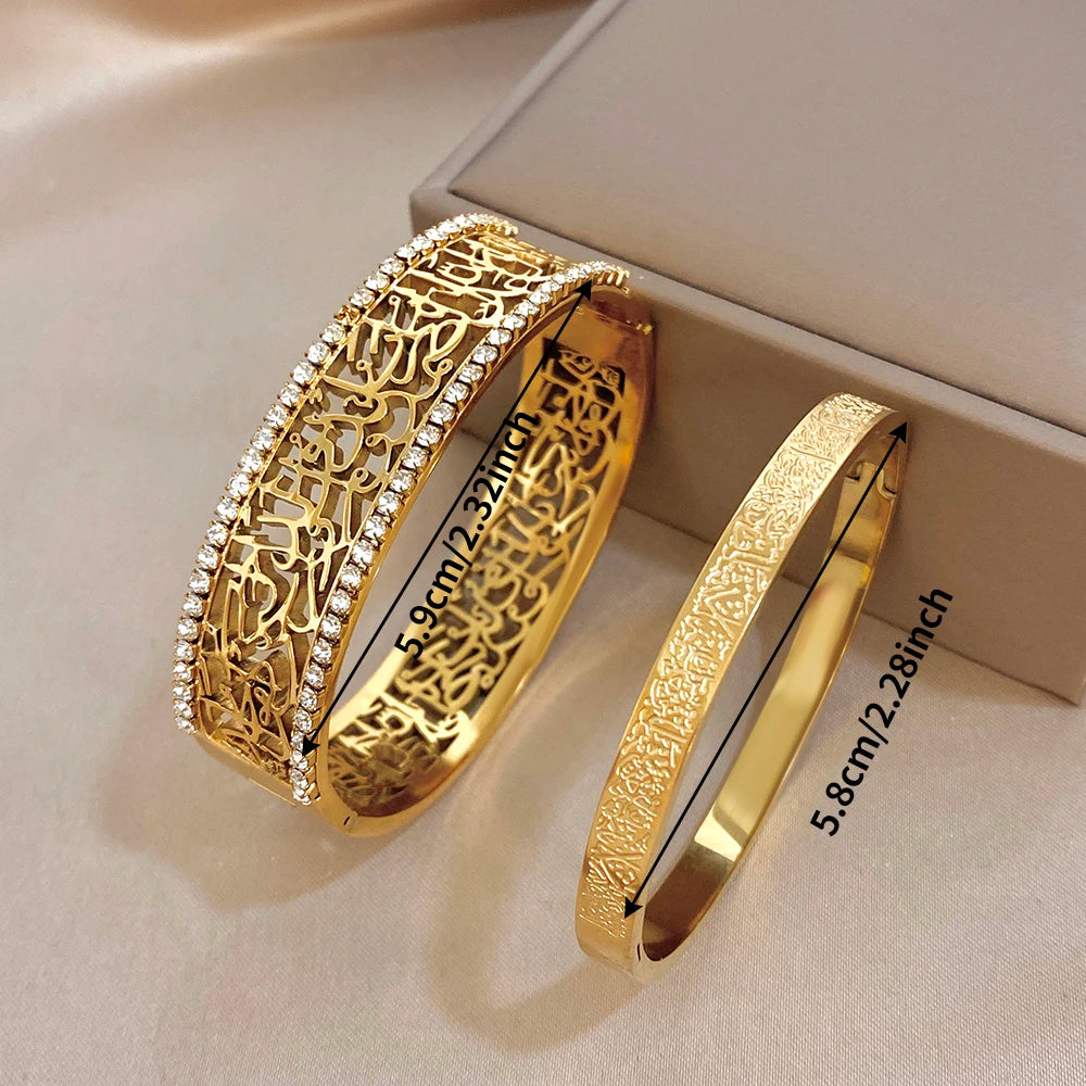 Retro Gold Plated Stainless Steel Cuff Bangle for Women Unique Zircon Geometric Textured Stackable Bracelets Waterproof Jewelry