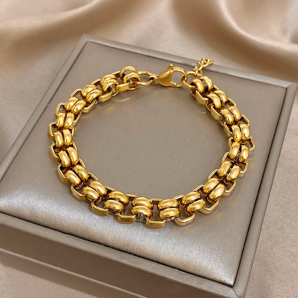 Chubby Geometric Circle Chain Bracelets for Women Fashion Gold Plated Stainless Steel Chunky Bracelet Waterproof Jewelry