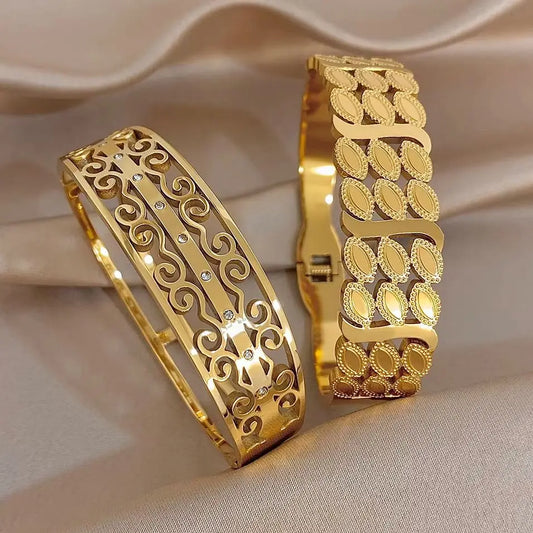 Delicate Geometric Flower Carved Wide Bracelet for Women Glossy Gold Plated Stainless Steel Cuff Bangles Waterproof Jewelry