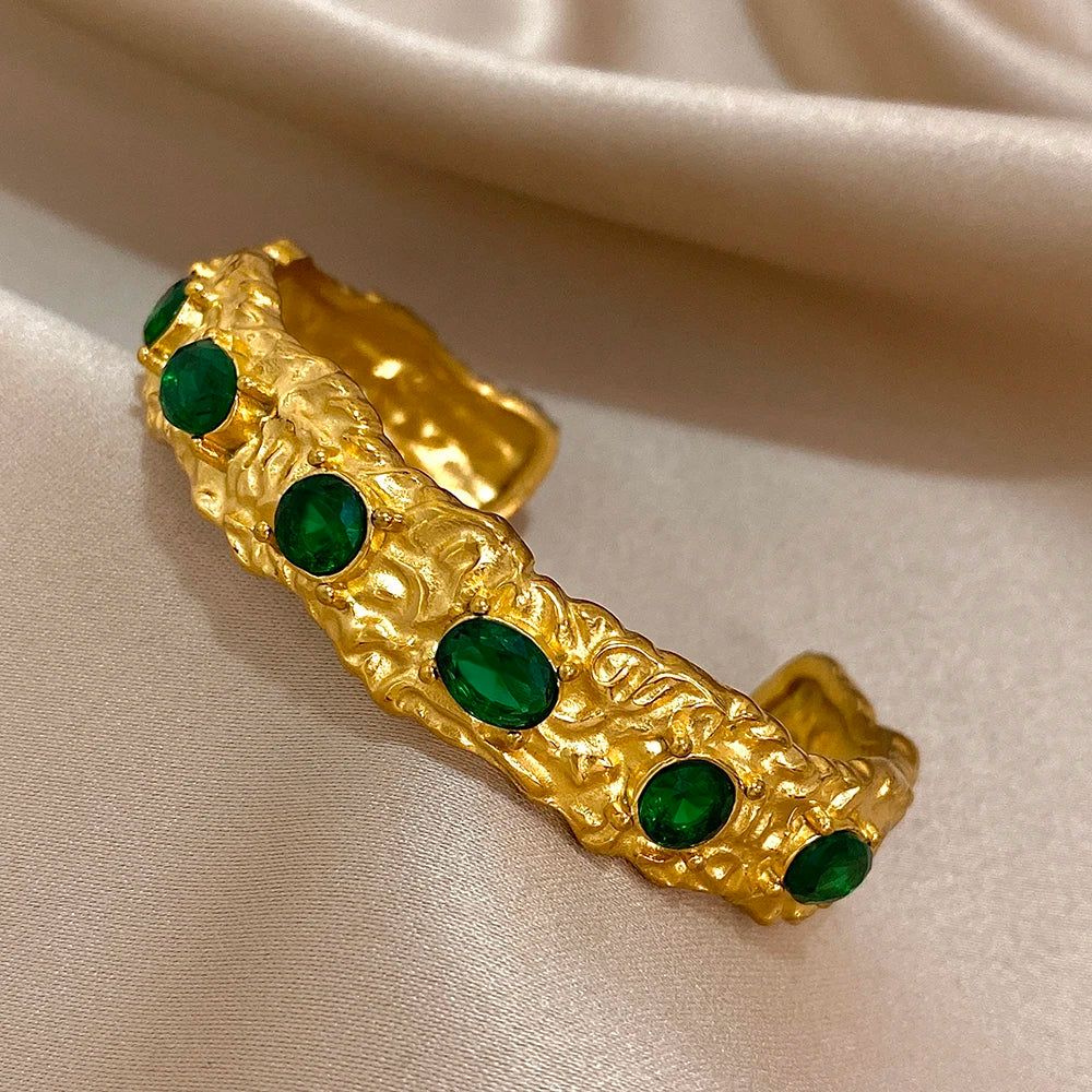 Vintage Green Zircon Stainless Steel Cuff Bracelet Chunky Geometric Textured Gold Plated Open Bangles Waterproof Jewelry