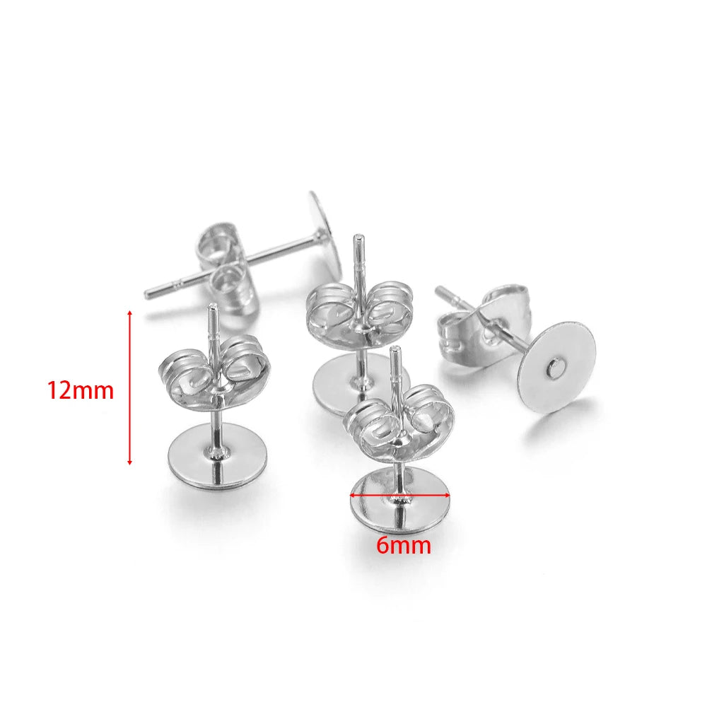 Round flat blank ear stud settings, silver-tone, 12mm posts with 6mm base discs