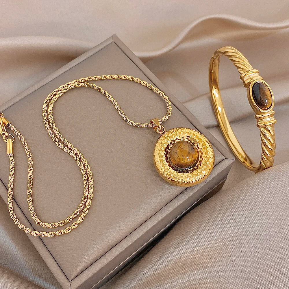 Vintage Stone Twisted Cuff Bangle Necklace for Women Chic Gold Plated Stainless Steel Bracelet Necklaces Waterproof Jewelry