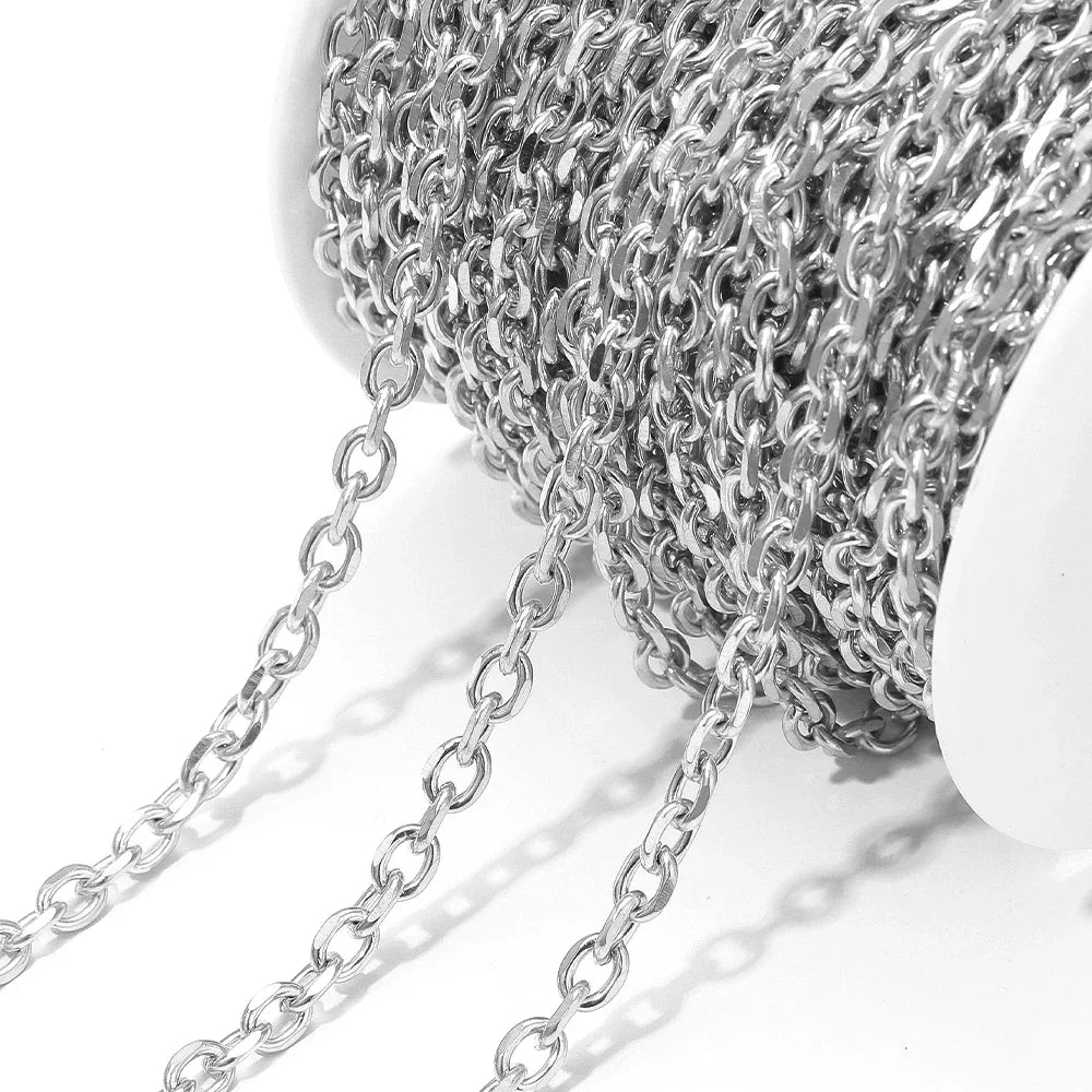 Silver O-link chain by the yard on white spool, small interlocking oval links