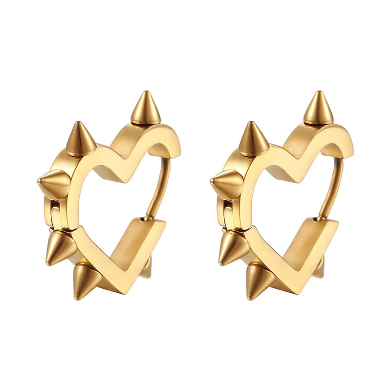 Gold heart hoop earrings with studded spikes and heart-shaped inner frame