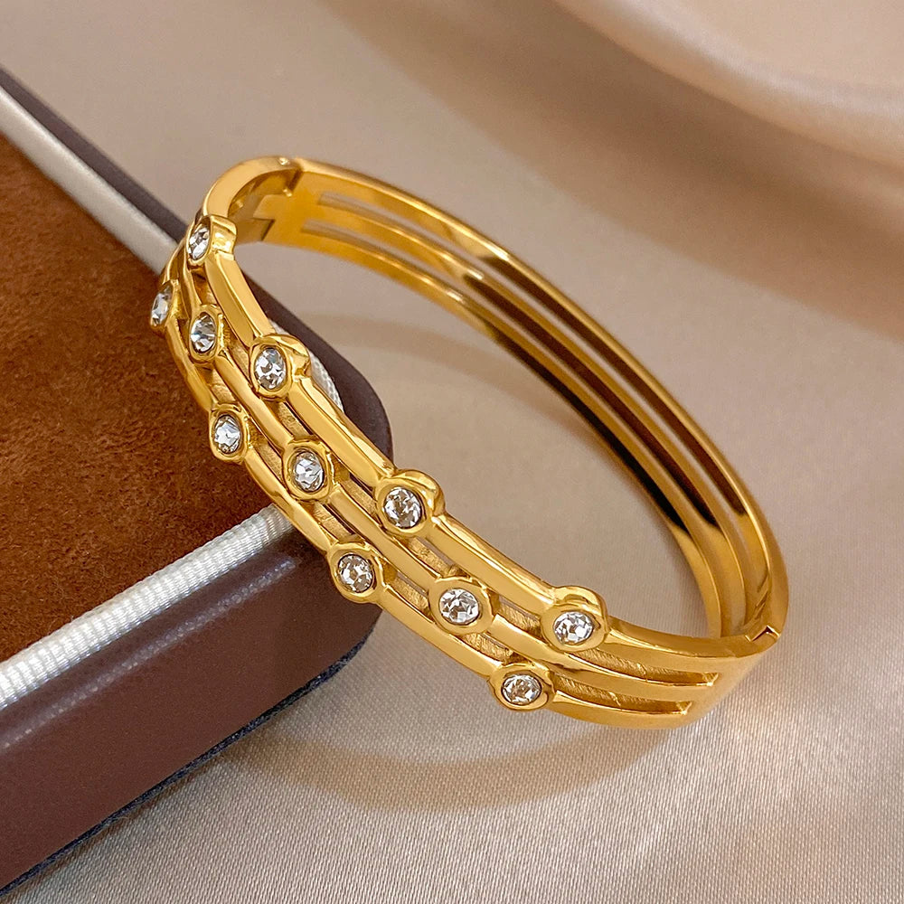 Glossy Zircon Beads Multilayer Wide Bracelets for Women Fashion Gold Plated Stainless Steel Cuff Bangle Waterproof Jewelry