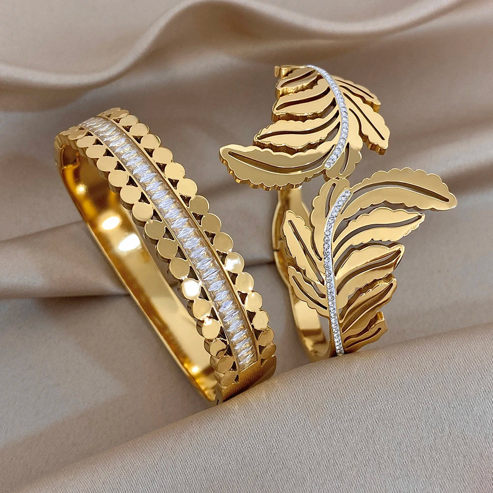 Chunky Gold Plated Stainless Steel Cuff Bangle for Women Men Glossy Leaf Feather Zircon Wide Bangle Bracelets Waterproof Jewelry