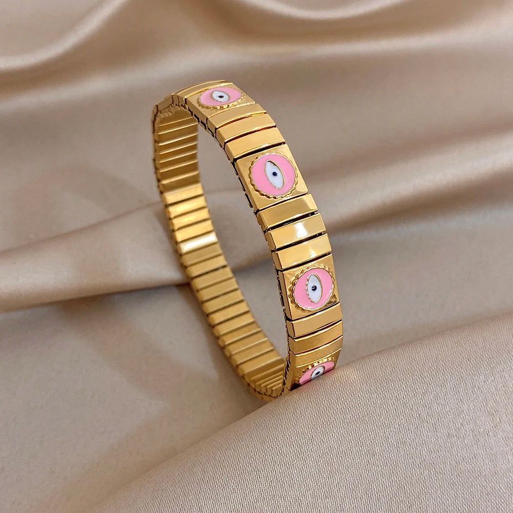 Chunky Gold Plated Stainless Steel Watch Band Bracelet Colorful Enamel Round Evil Eye Wide Bangle Bracelets Waterproof Jewelry