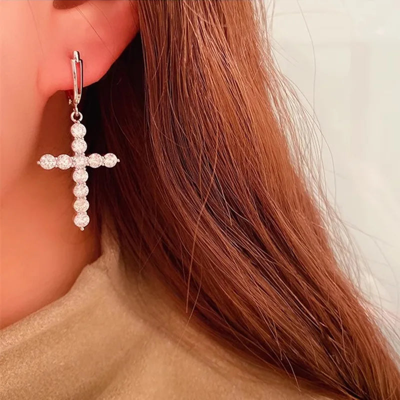 Fashion Round Cubic Zirconia Cross Dangle Earrings For Women m17