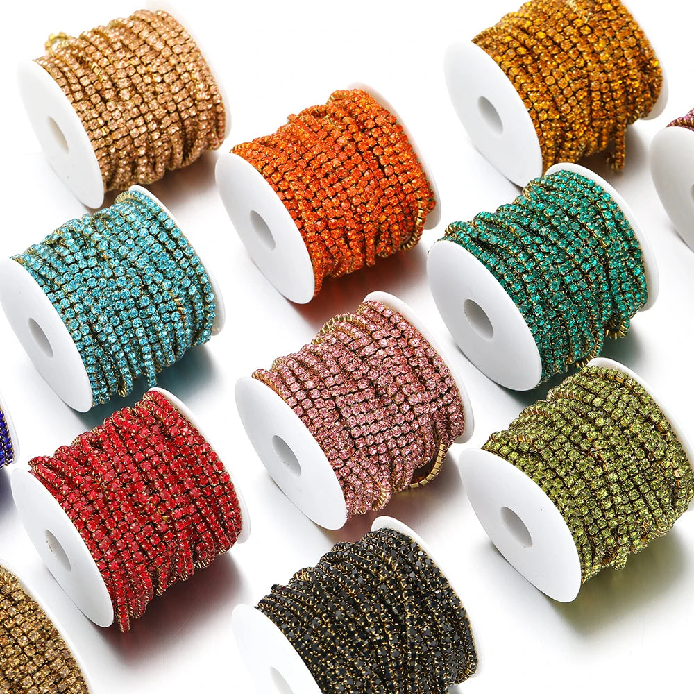 Rhinestone crystal chain tassel spools, champagne, orange, teal, pink, red, and black strands