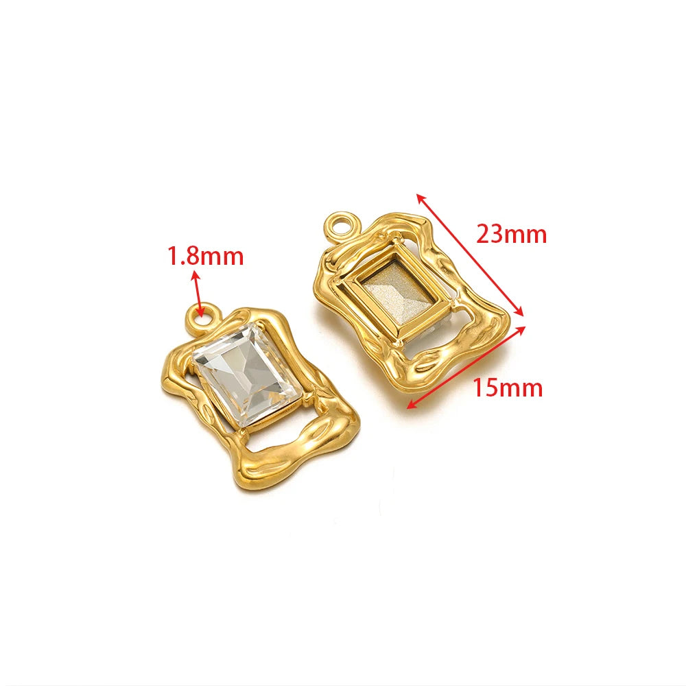 Gold square charm pendants with clear rhinestones, size diagram for two styles