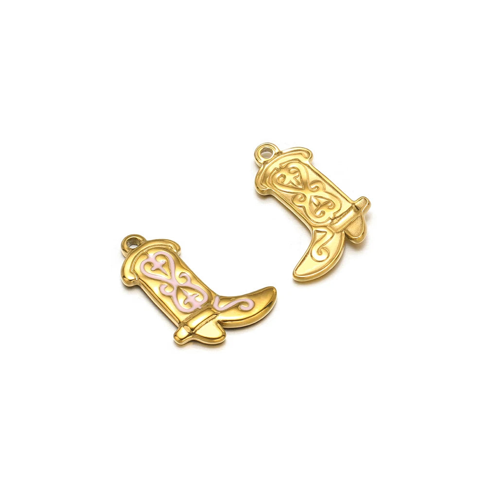 Gold-tone boot charm pendant with purple enamel, loop bail on top