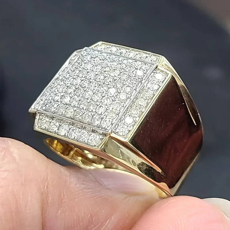 Gold-tone square CZ ring with pavé top and dark side panels