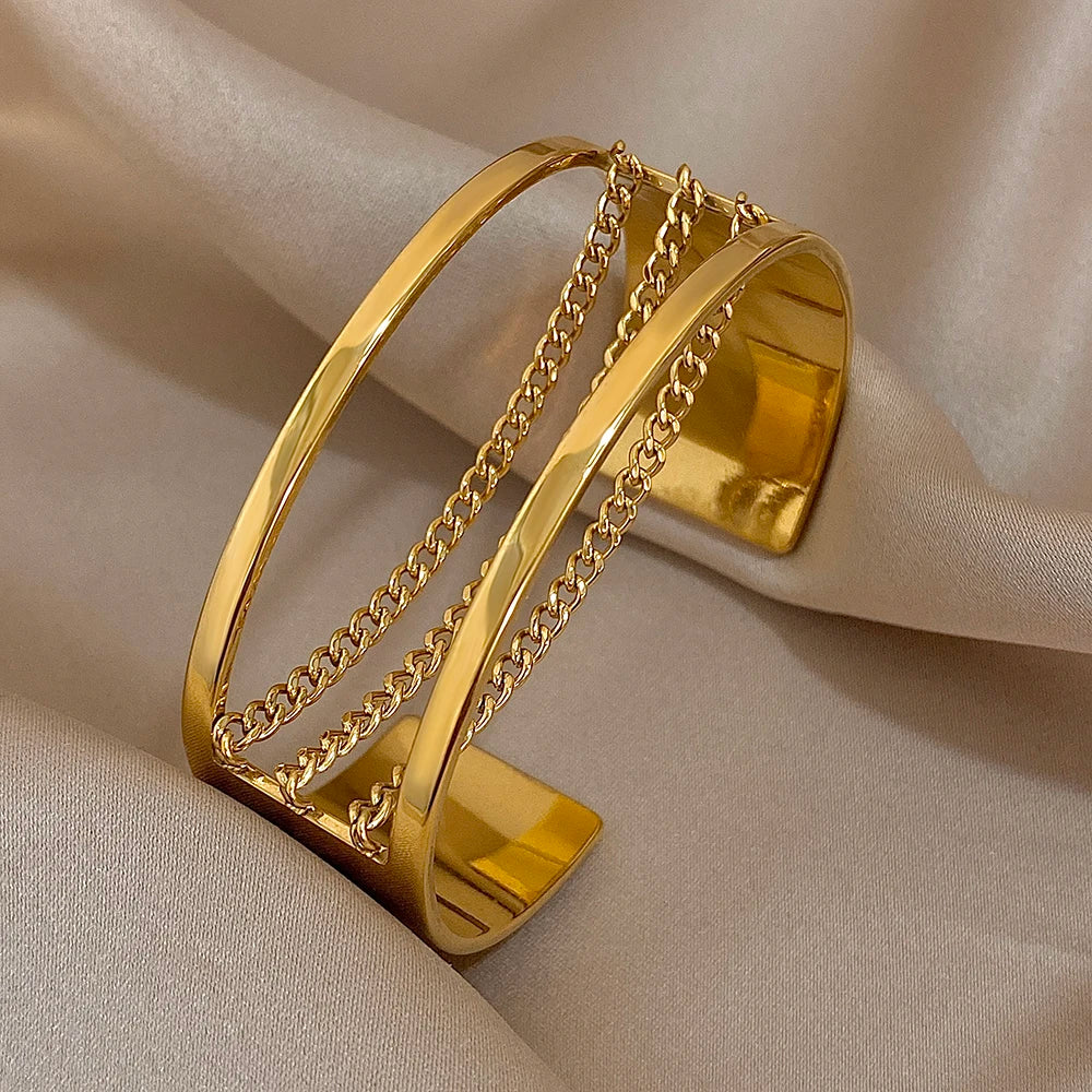Fashion Gold Silver Color Stainless Steel Cuff Bracelets for Women Chunky Multilayer Thick Chain Wide Bangle Waterproof Jewelry