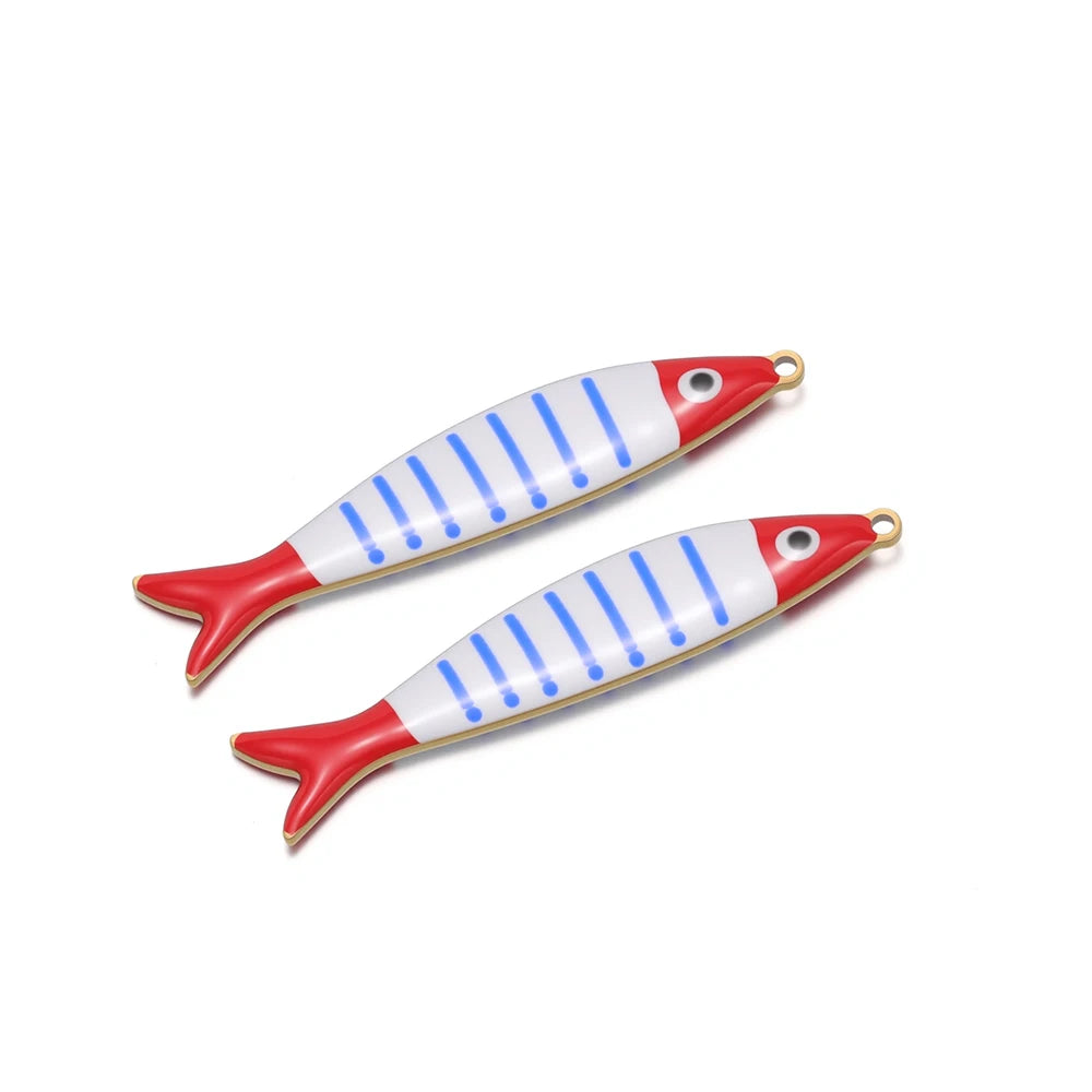 Pair of striped fish enamel charms, red fins with blue stripes, gold loops