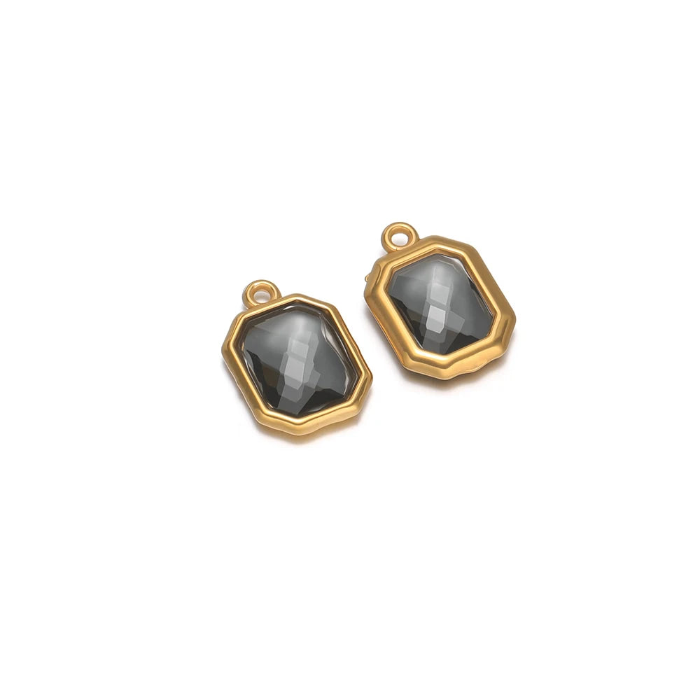 Hexagon glass charm connectors, dark gray faceted stone, gold frame with loops