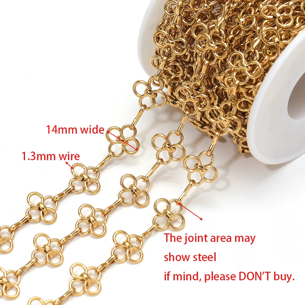 Gold bow knot link chain, 14mm wide links, 1.3mm wire gauge, hanging links