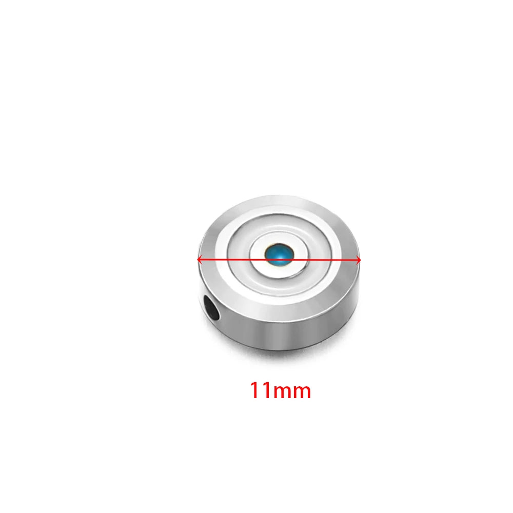 Silver-tone round evil-eye enamel bead with blue center; 11mm shown