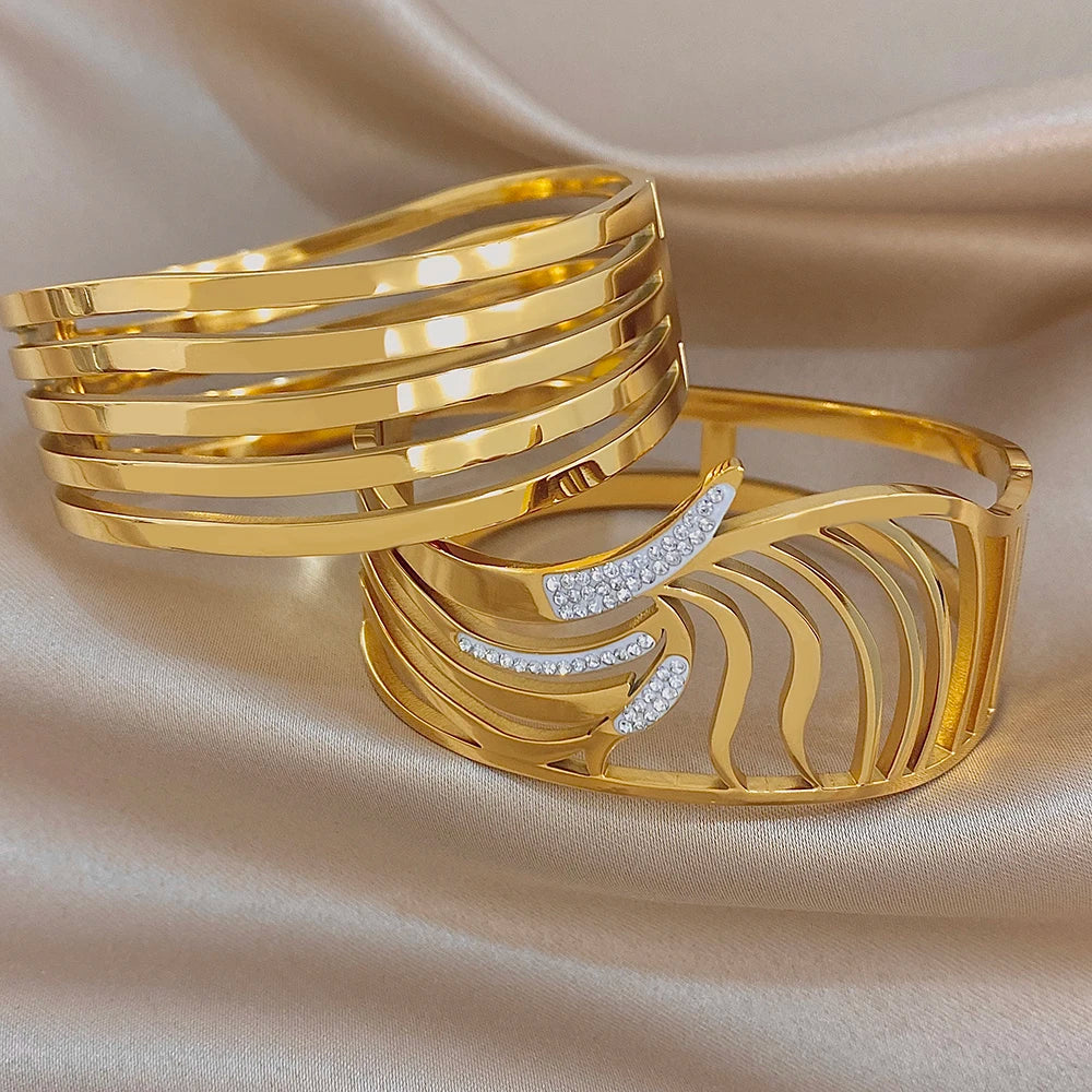 Irregular Geometric Zircon Wide Bracelets for Women Unique Design Gold Plated Stainless Steel Cuff Bangle Waterproof Jewelry Set