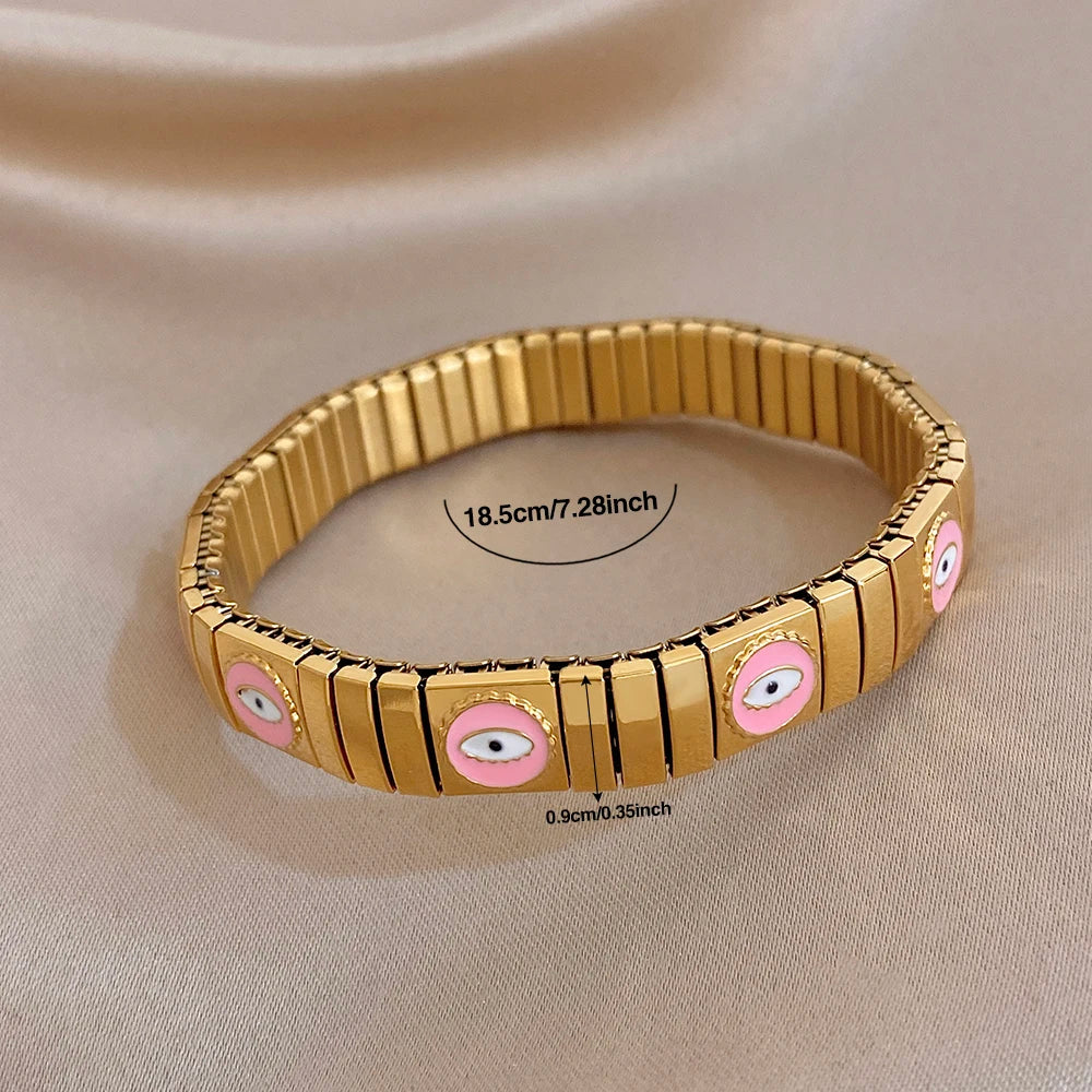 Chunky Gold Plated Stainless Steel Watch Band Bracelet Colorful Enamel Round Evil Eye Wide Bangle Bracelets Waterproof Jewelry