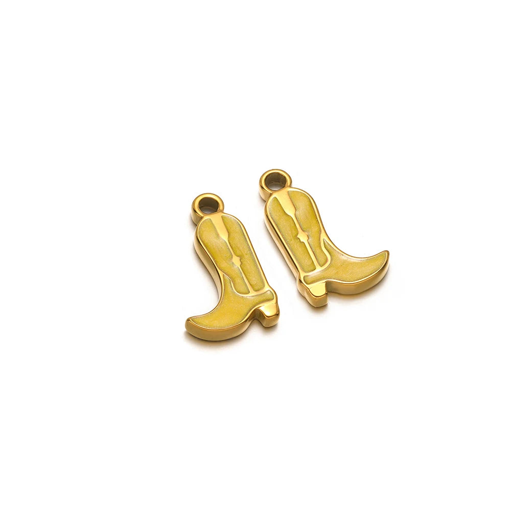 Gold-tone cowboy boot charm with hollow ring, enamel yellow, pair of two