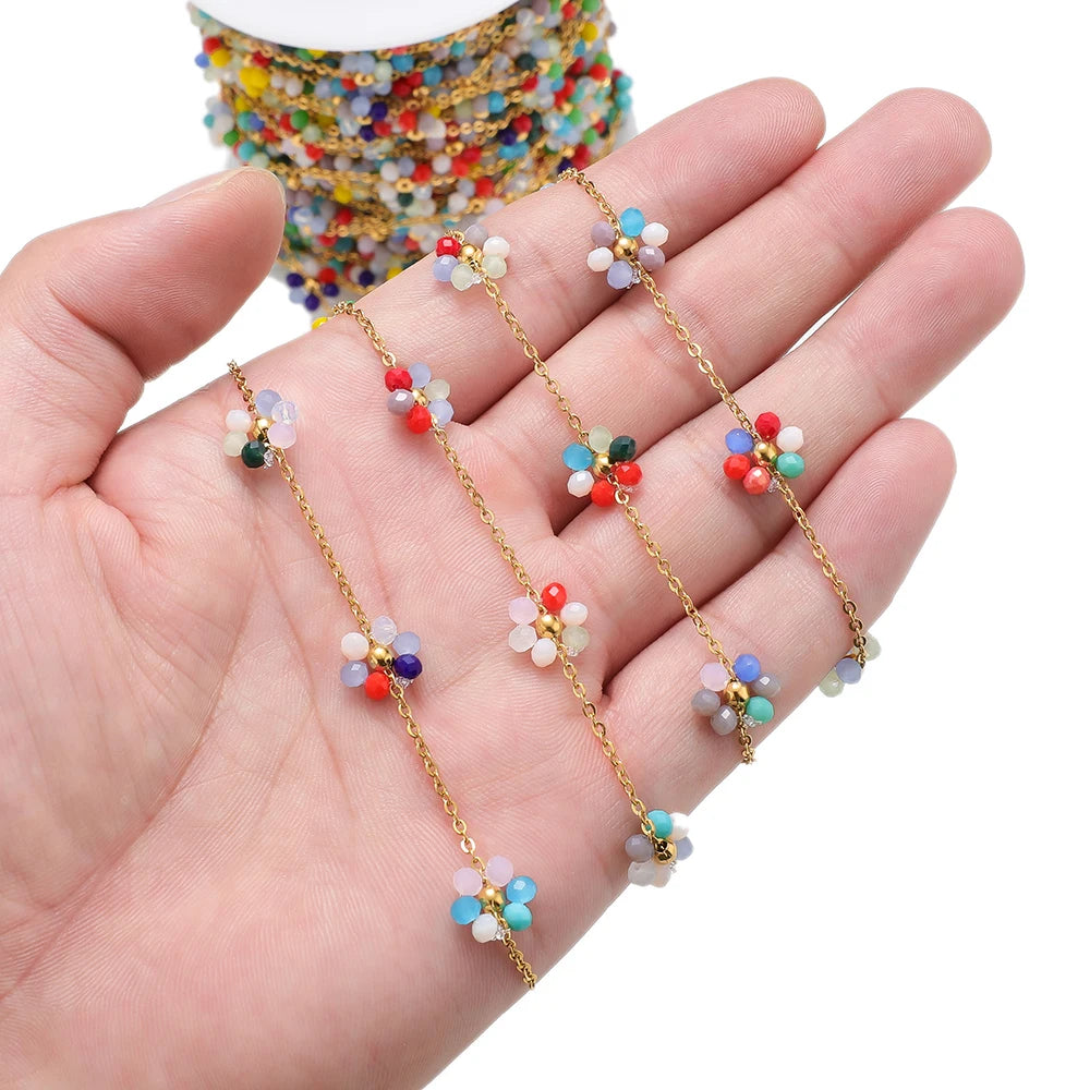 Gold-tone stainless steel daisy flower beaded satellite chain with assorted colored beads