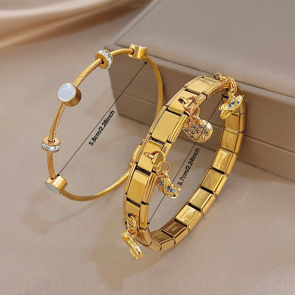 Glossy Gold Plated Stainless Steel Cuff Bangle for Women Chic Zircon Elastic Star Heart Shell Charm Bracelets Waterproof Jewelry