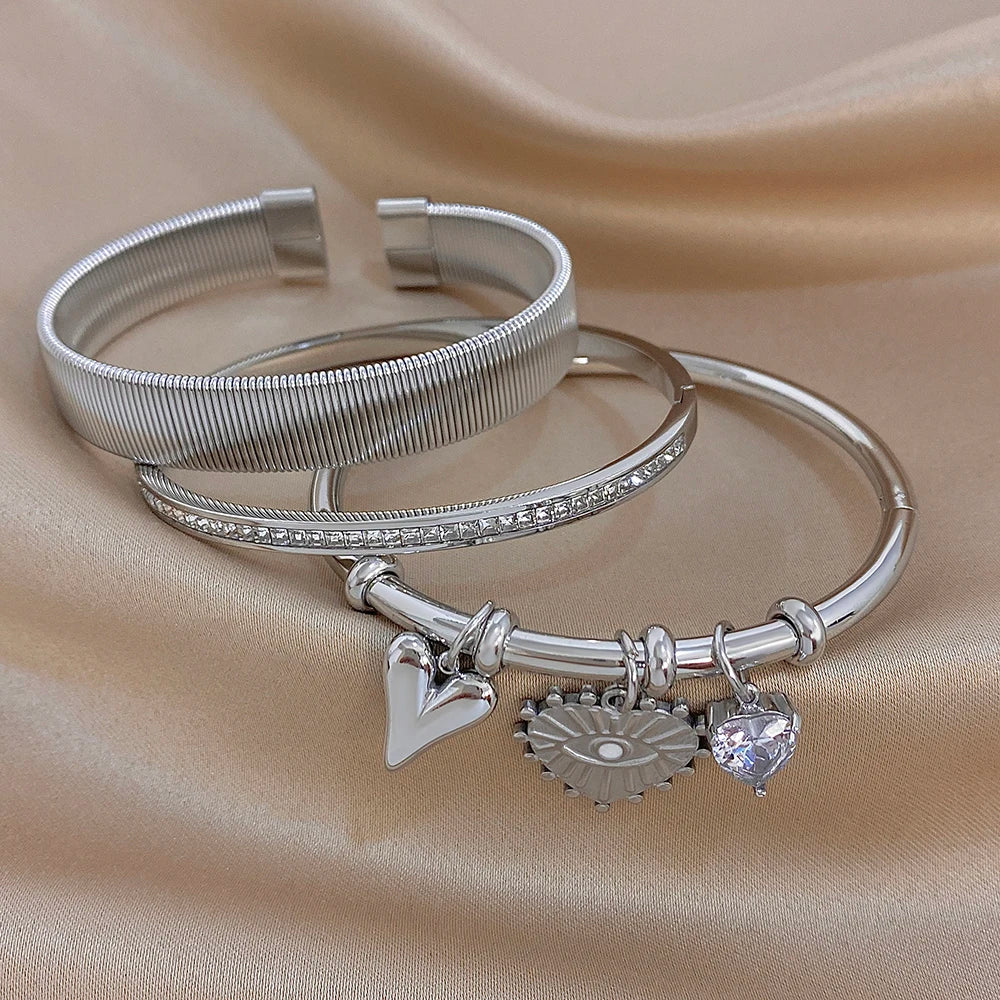 Trendy Silver Color Stainless Steel Cuff Bangle for Women Chunky Zircon Heart Charms Stacked Bracelets Waterproof Jewelry