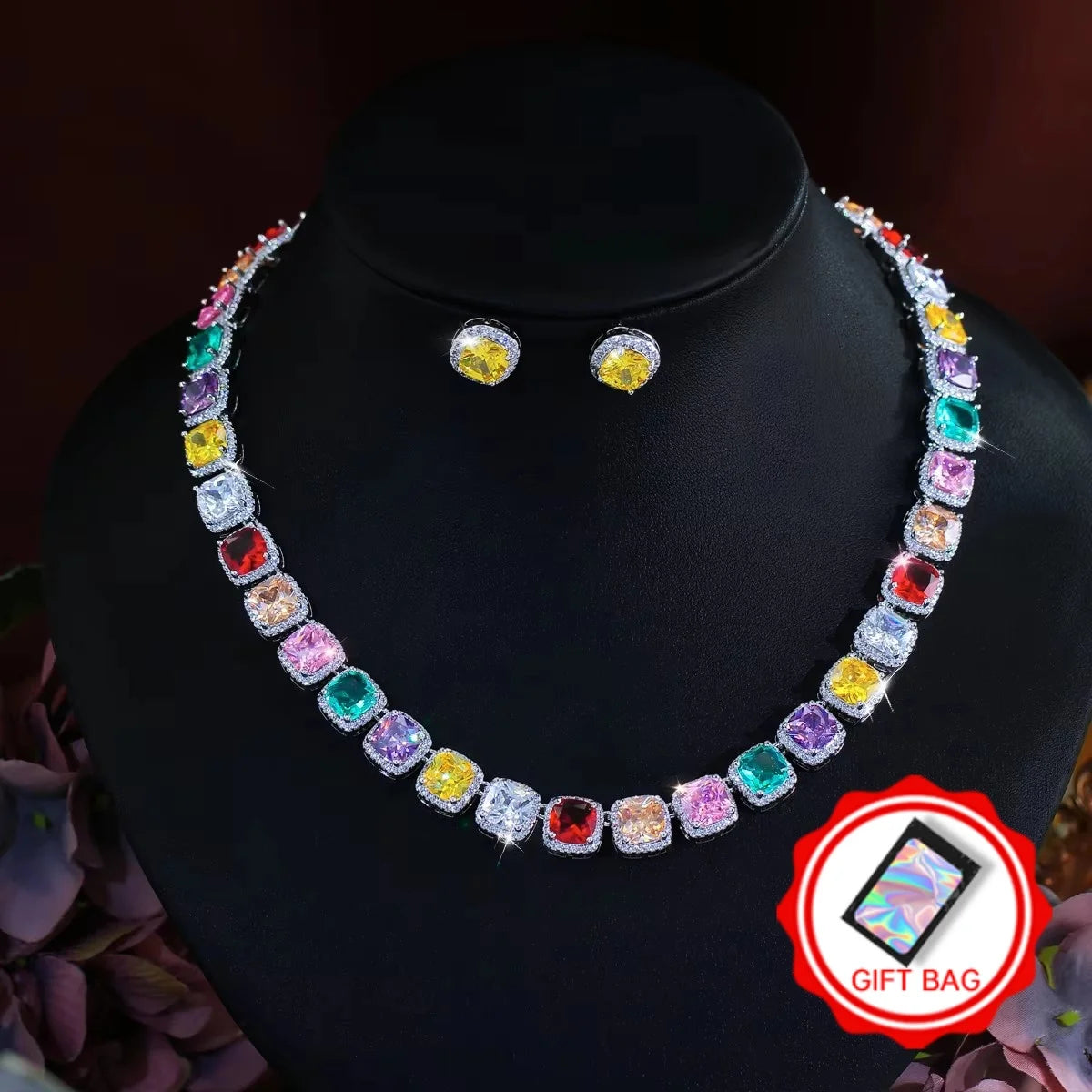 Multicolor square zirconia necklace and matching stud earrings, with gift bag