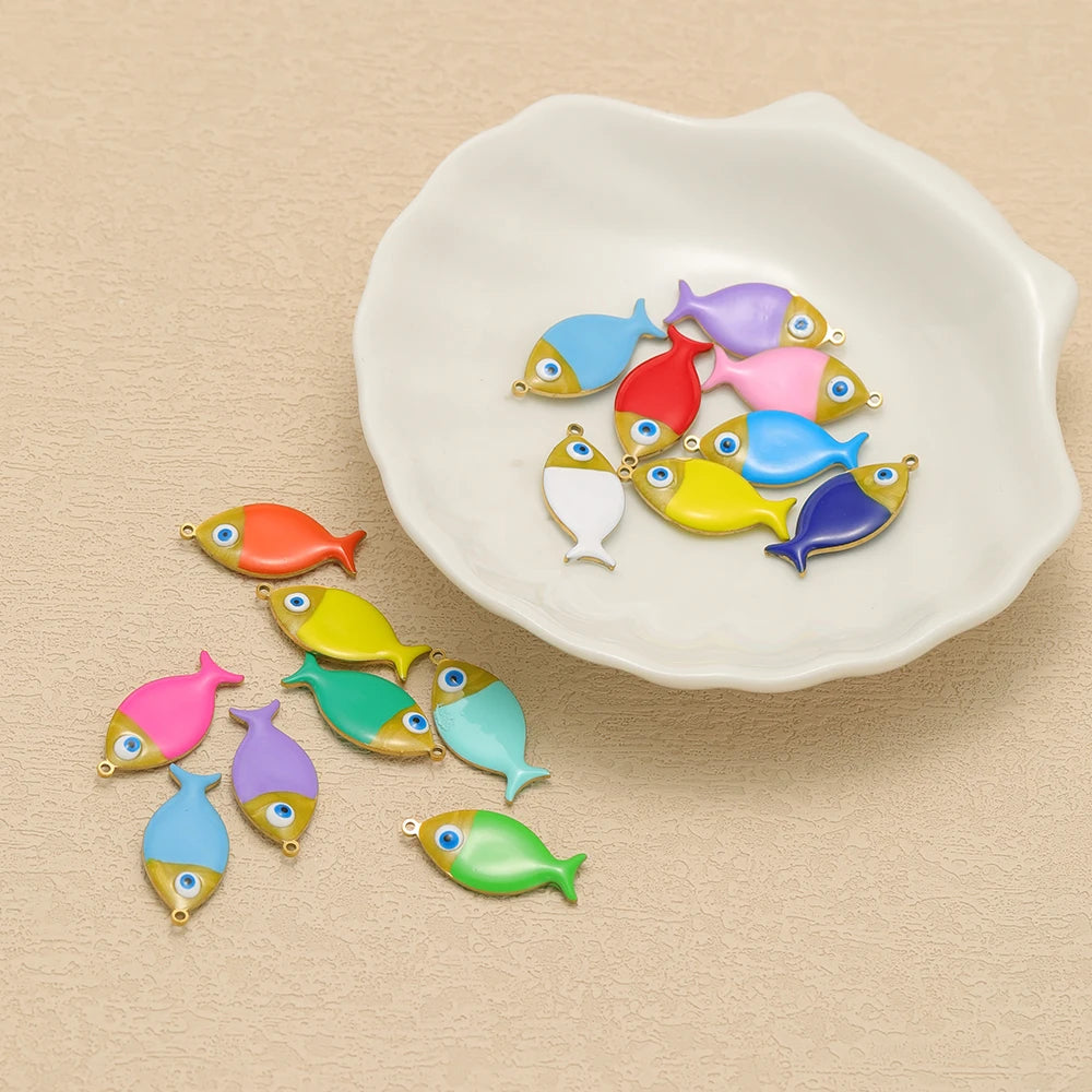 Mini set of multicolor enamel fish charms with gold-tone loops