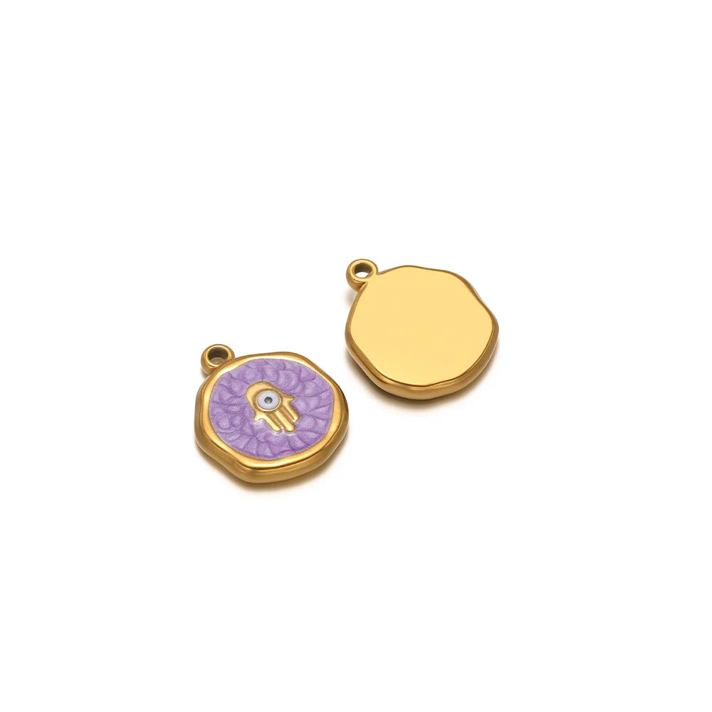 Evil eye charm pendants: purple enamel hand icon with gold border and plain gold drop charm