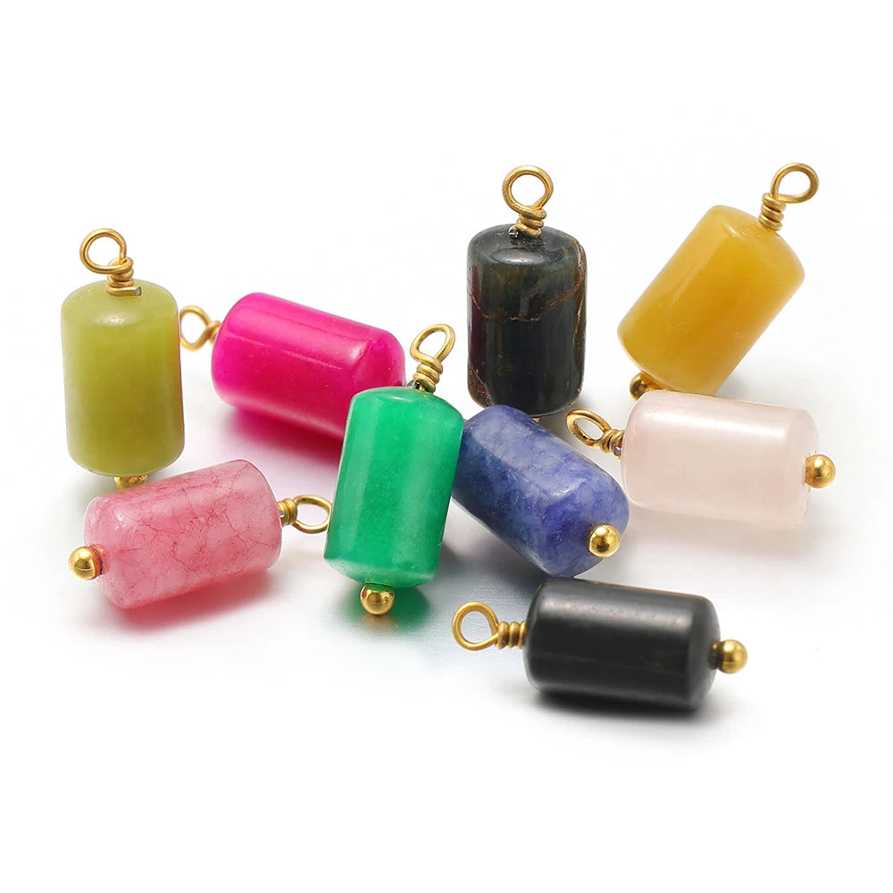 Cylinder stone charm pendants mixed set with gold-tone loops in assorted colors